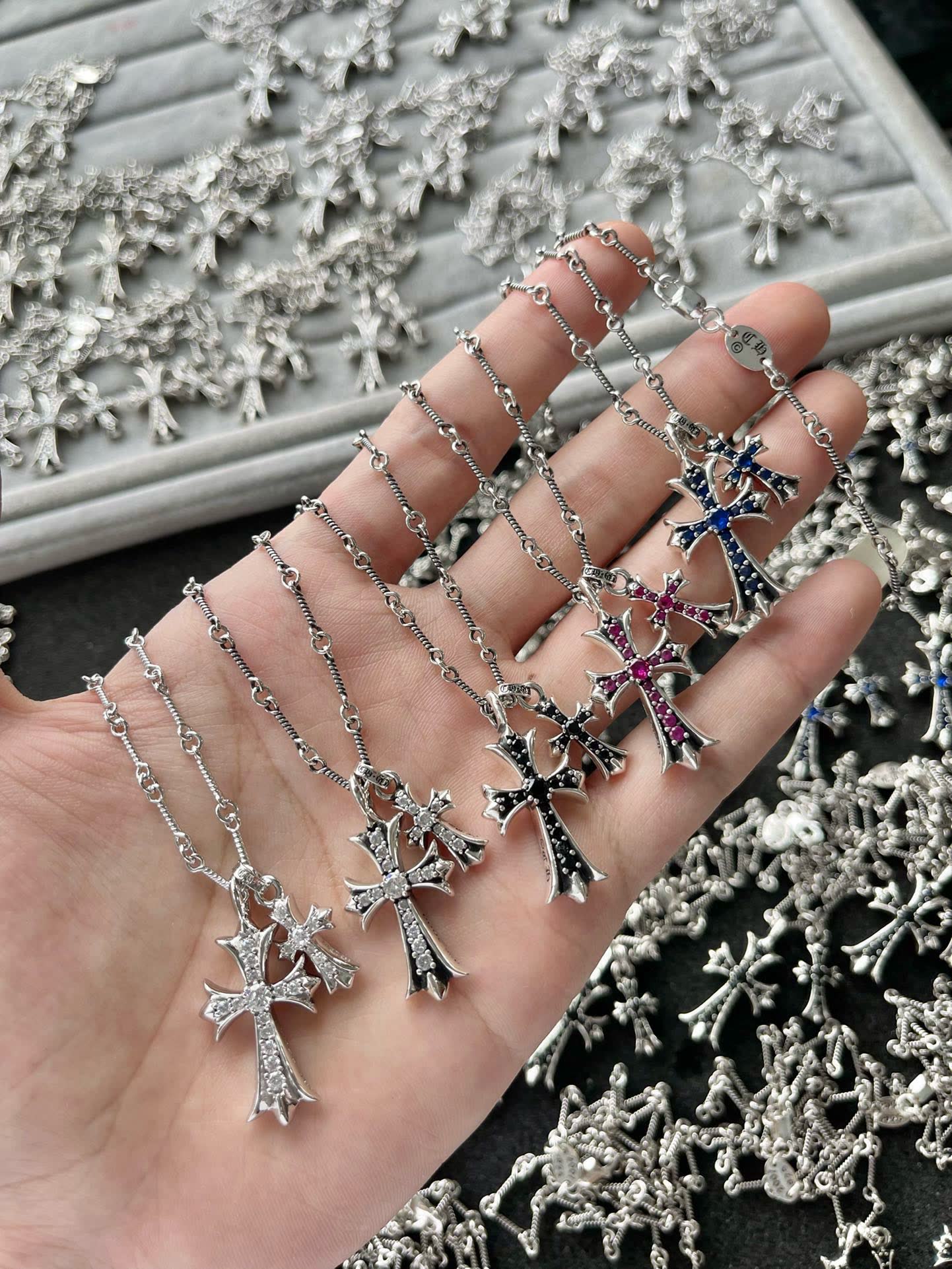 Chrome Hearts Silver Cross Pendant with Black Stones